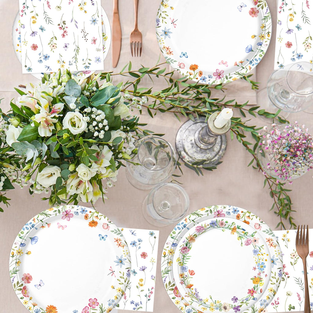 LINHAXM 175 PCS Spring Wildflower Party Decorations Kit – Floral Plates, Cups, Napkins & More (Serves 20)