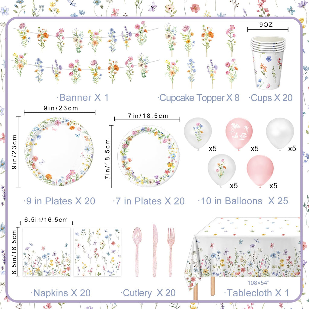 LINHAXM 175 PCS Spring Wildflower Party Decorations Kit – Floral Plates, Cups, Napkins & More (Serves 20)