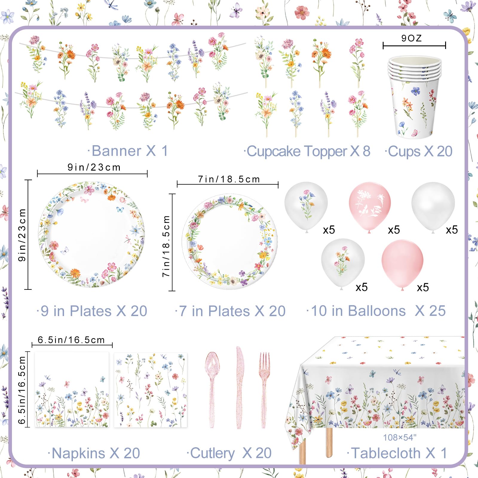 LINHAXM 175 PCS Spring Wildflower Party Decorations Kit – Floral Plates, Cups, Napkins & More (Serves 20)