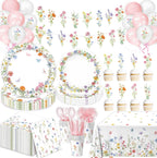 LINHAXM 175 PCS Spring Wildflower Party Decorations Kit – Floral Plates, Cups, Napkins & More (Serves 20)