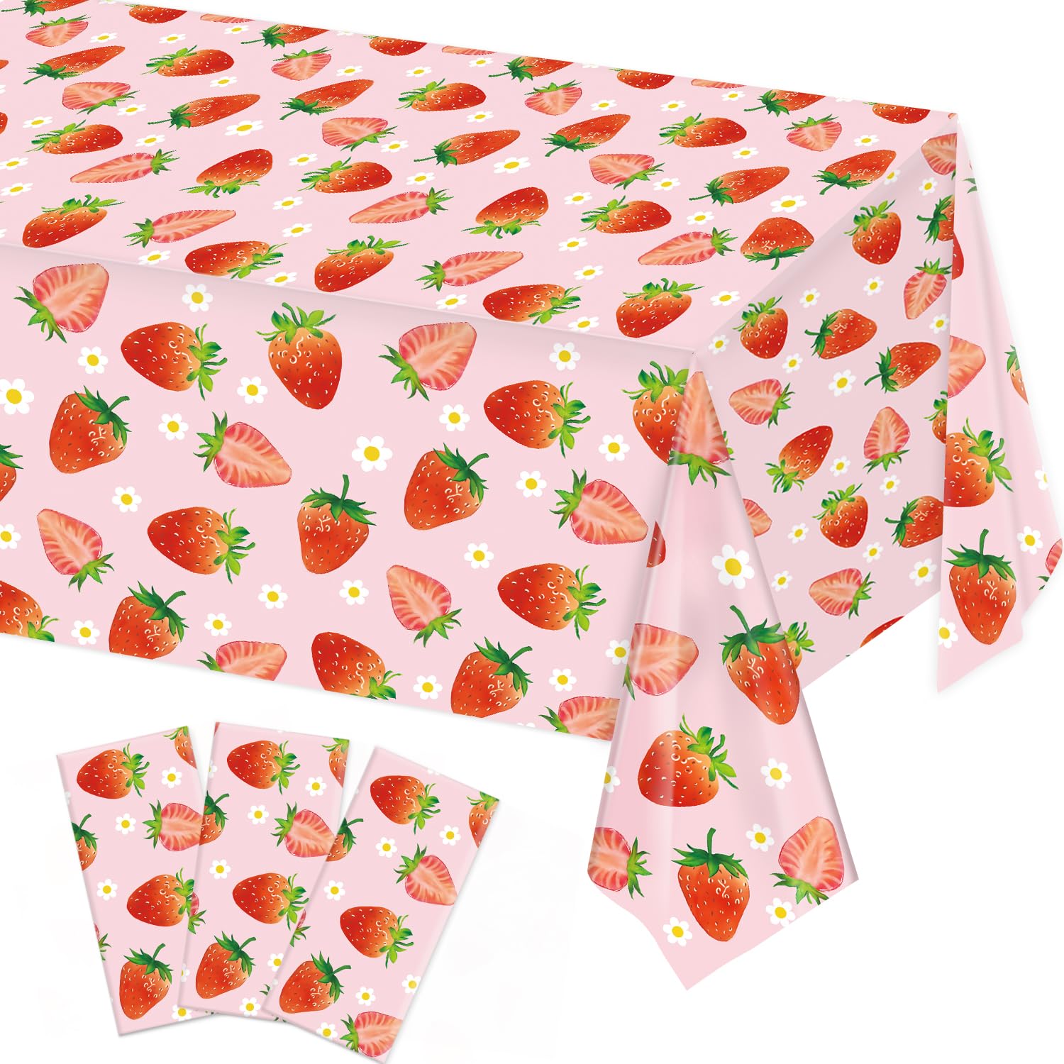LINHAXM 3 Pack Strawberry Tablecloths – 54 x 108 in | Berry Birthday & Baby Shower Decor