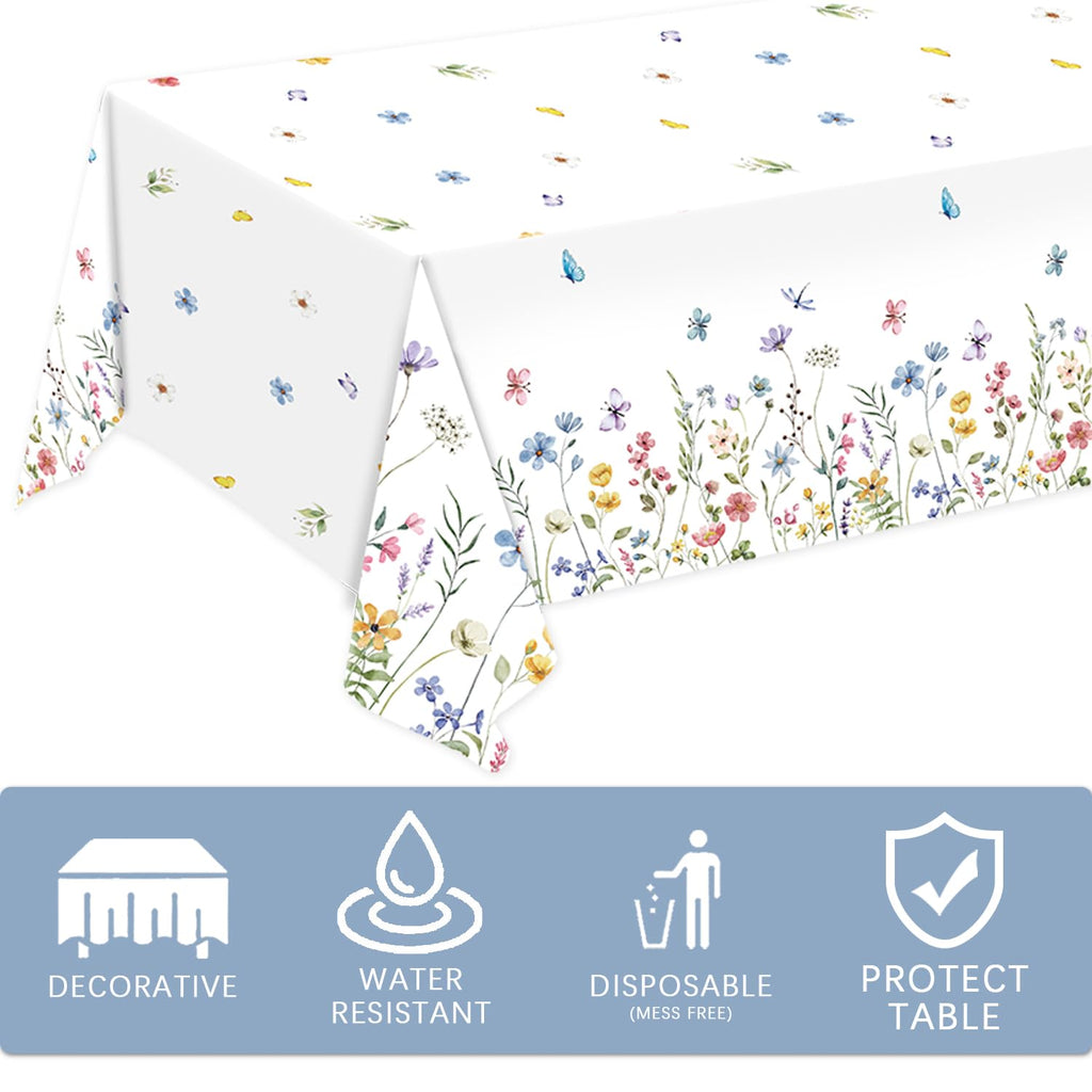 LINHAXM 3 Pack Spring Floral Tablecloths – 54 by 108 inches | Wildflower Butterflies