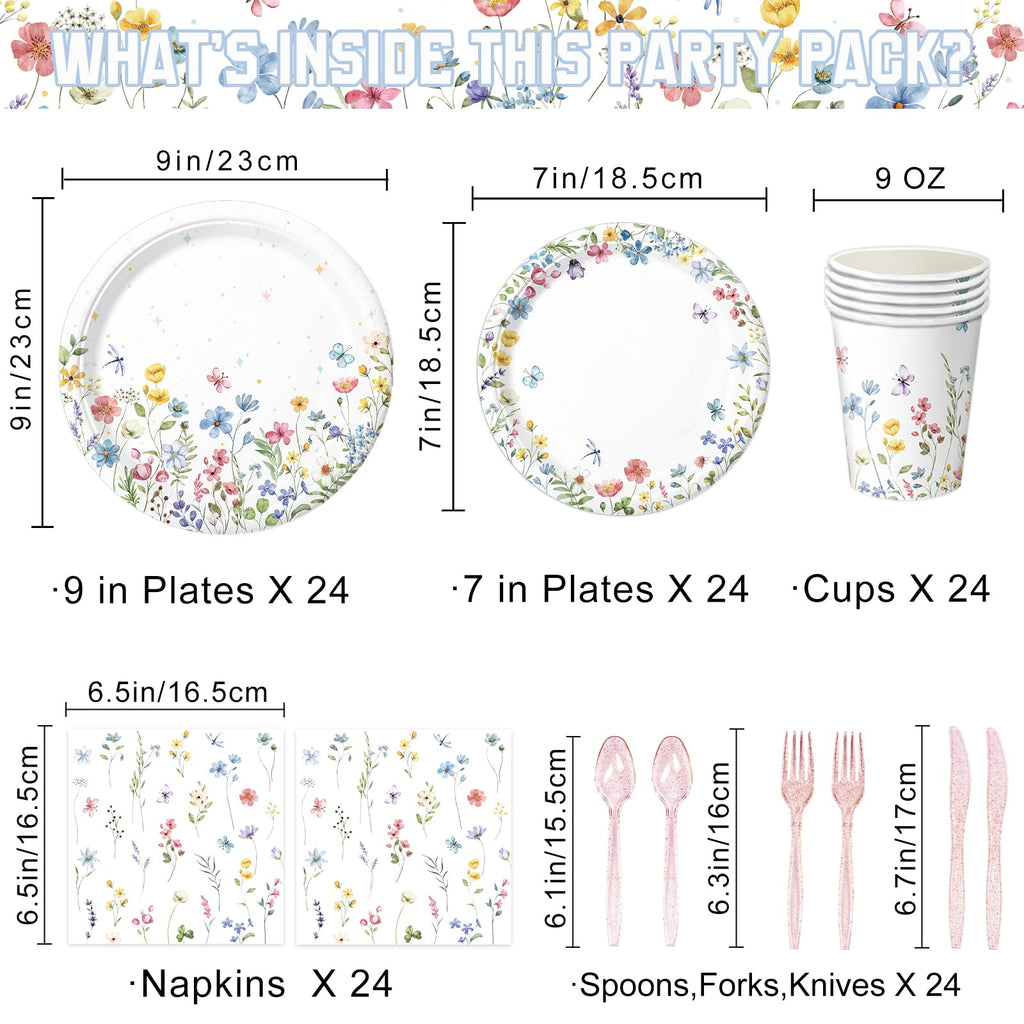 LINHAXM 168PCS Wildflower Party Decorations – Plates, Cups, Napkins, Cutlery for 24 Guests