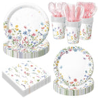 LINHAXM 168PCS Wildflower Party Decorations – Plates, Cups, Napkins, Cutlery for 24 Guests