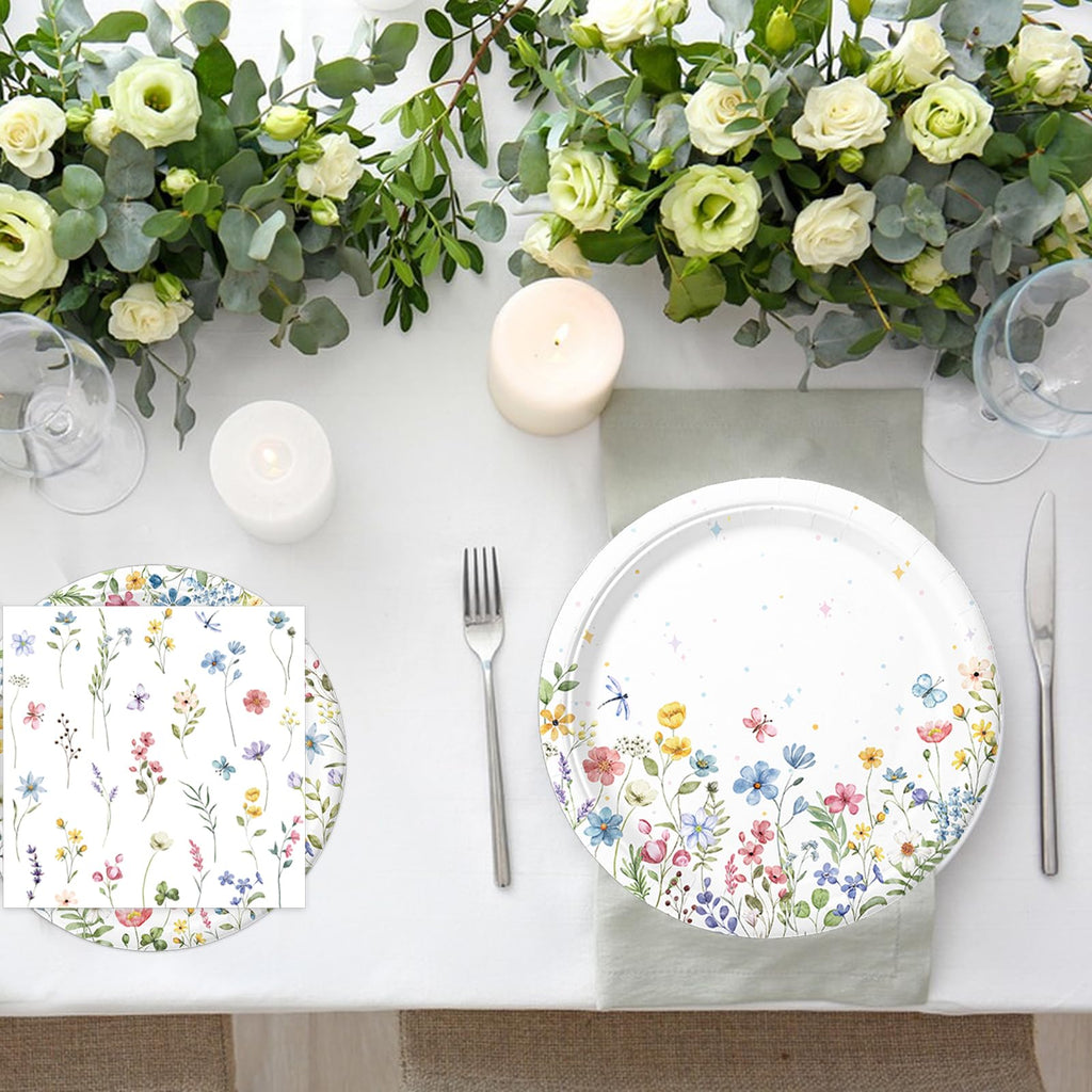 LINHAXM 168PCS Wildflower Party Decorations – Plates, Cups, Napkins, Cutlery for 24 Guests