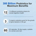 Linkvibe Probiotic 300 Billion CFU - 12 Strains with Organic Prebiotics for Digestive Health
