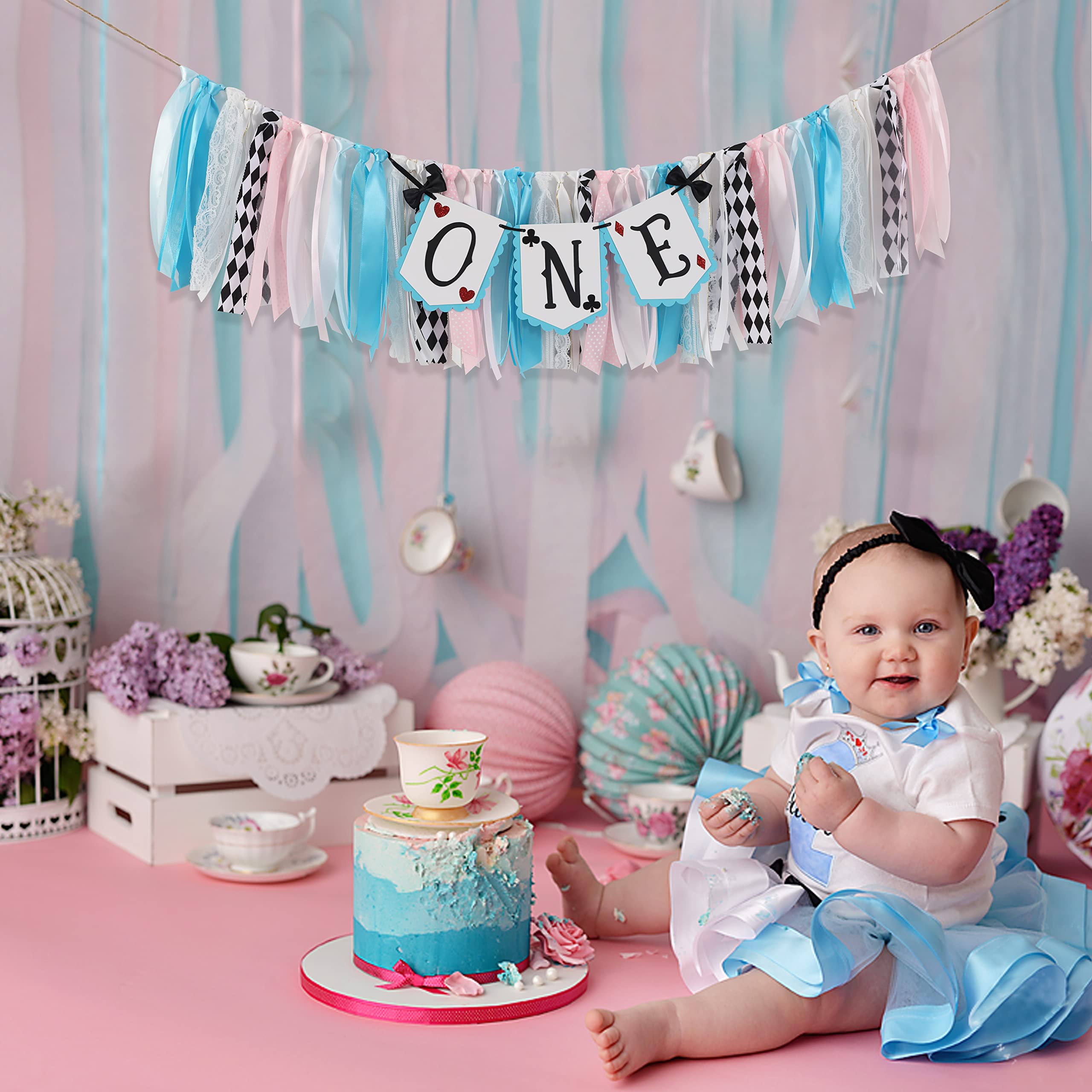 LINLULU Alice in Wonderland Highchair Banner by LINLULU – Blue, 80in x 8.75in, 1st Birthday Decor