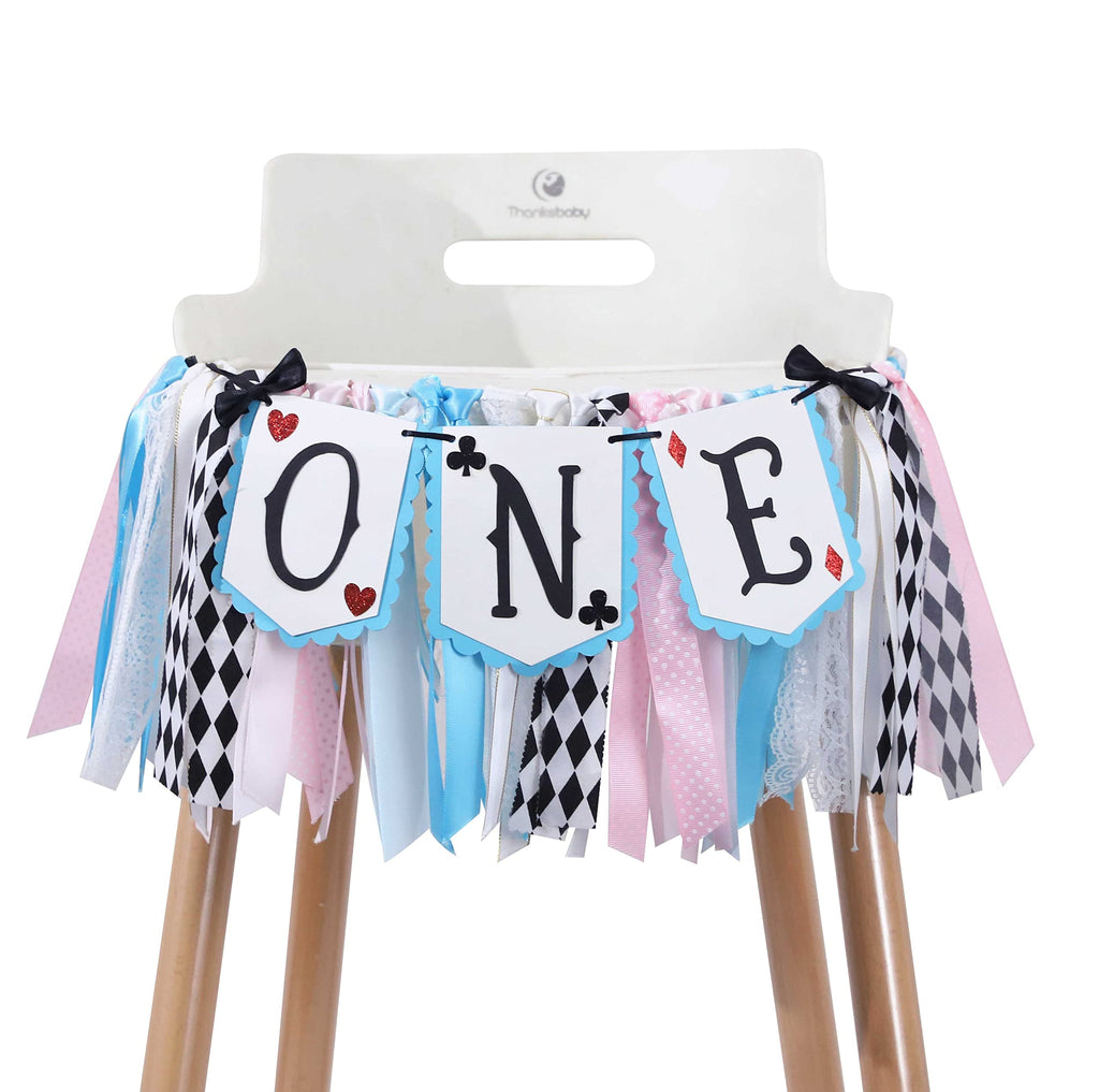 LINLULU Alice in Wonderland Highchair Banner by LINLULU – Blue, 80in x 8.75in, 1st Birthday Decor