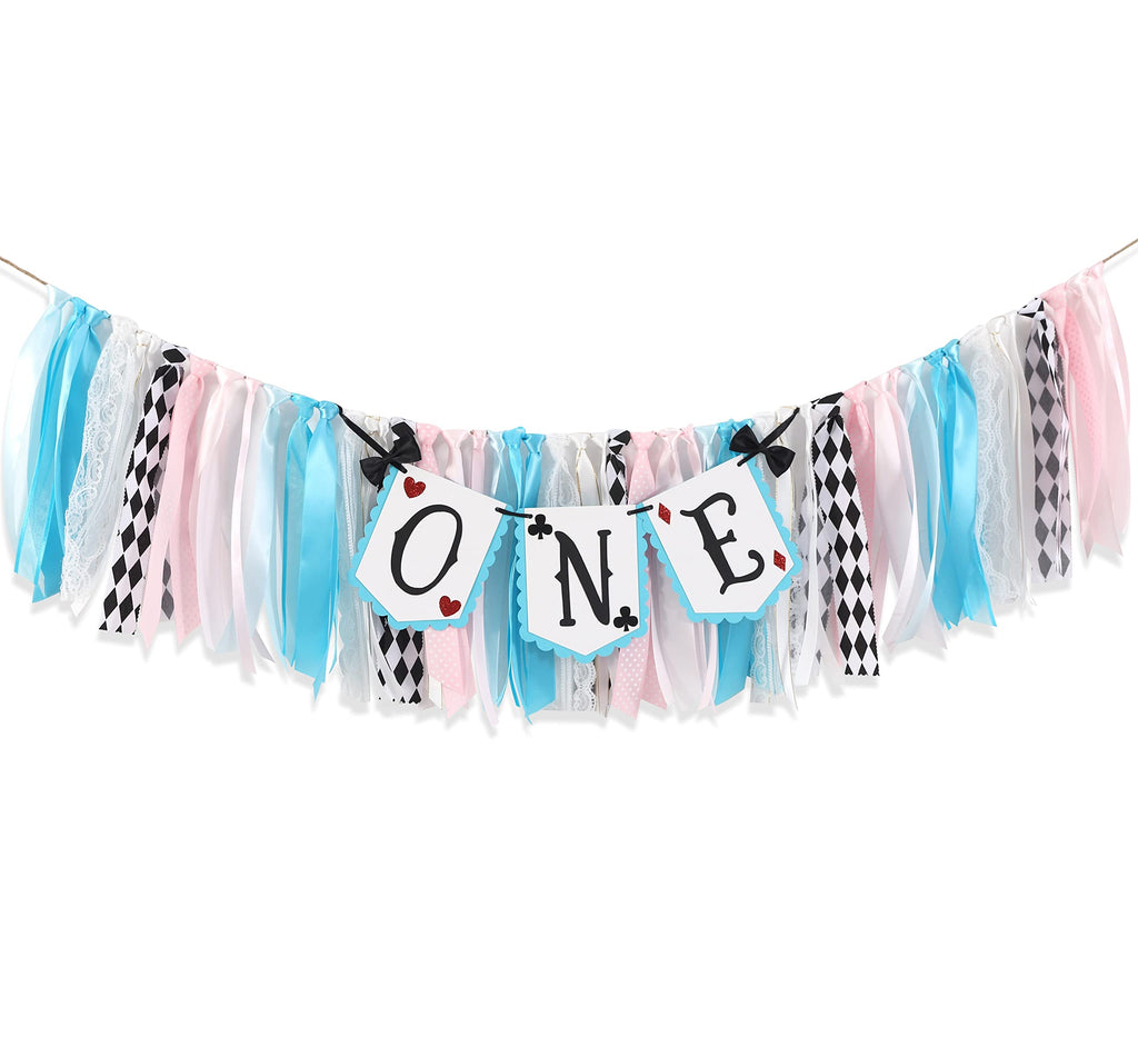 LINLULU Alice in Wonderland Highchair Banner by LINLULU – Blue, 80in x 8.75in, 1st Birthday Decor