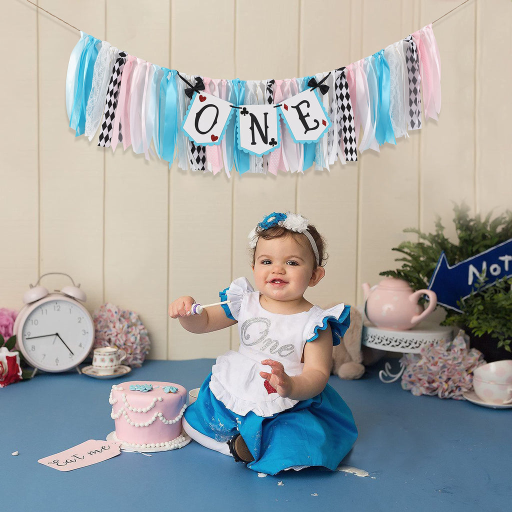 LINLULU Alice in Wonderland Highchair Banner by LINLULU – Blue, 80in x 8.75in, 1st Birthday Decor