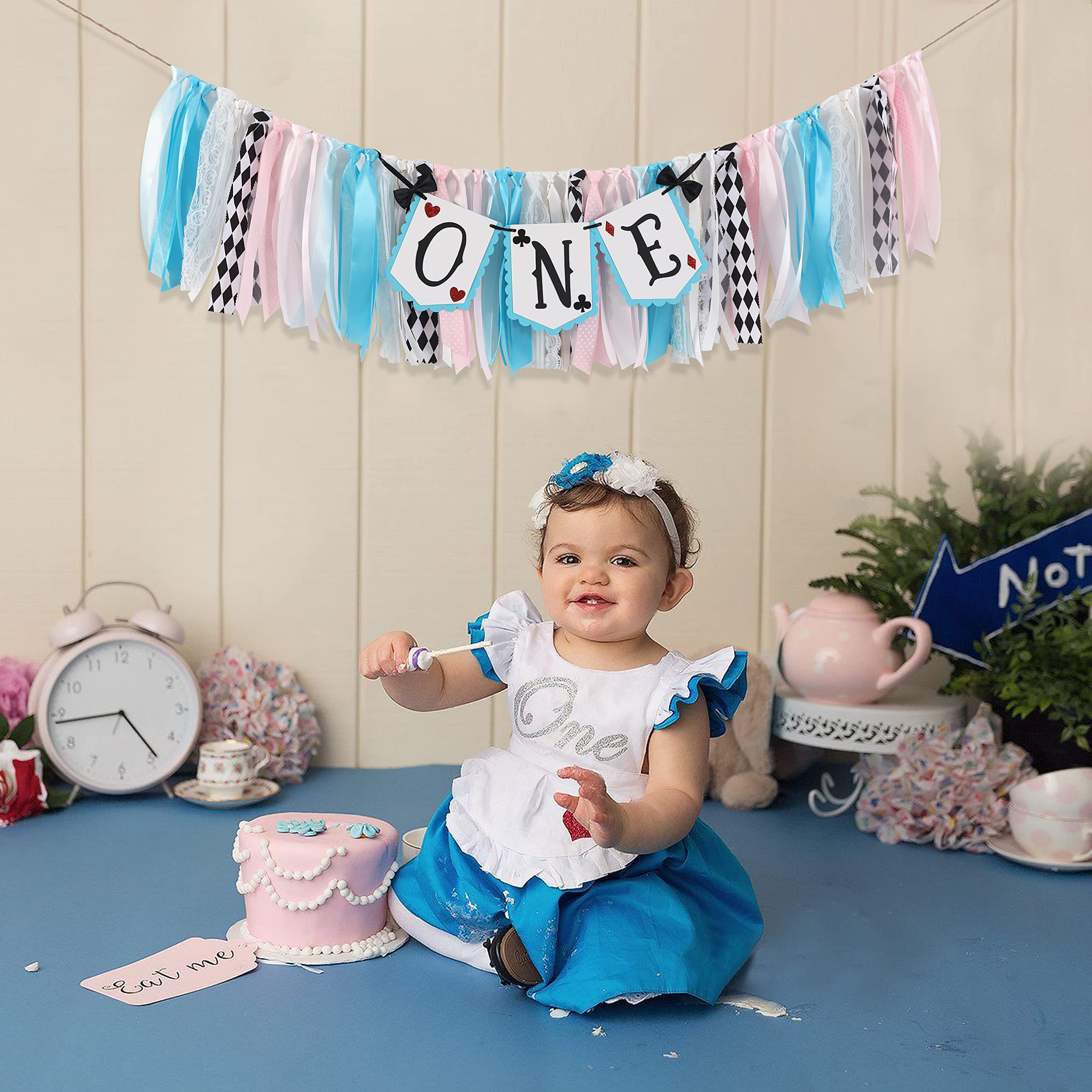 LINLULU Alice in Wonderland Highchair Banner by LINLULU – Blue, 80in x 8.75in, 1st Birthday Decor