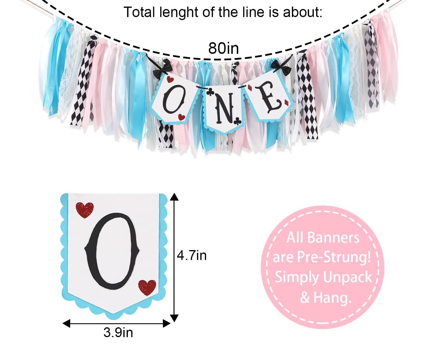 LINLULU Alice in Wonderland Highchair Banner by LINLULU – Blue, 80in x 8.75in, 1st Birthday Decor