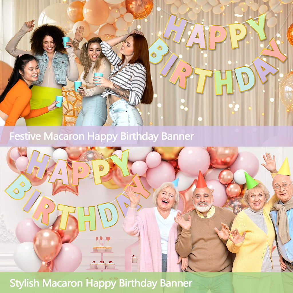 LITAUS Happy Birthday Banner & Sign – 9ft Pre-Strung, Pastel Decor with Gold Foil Edges
