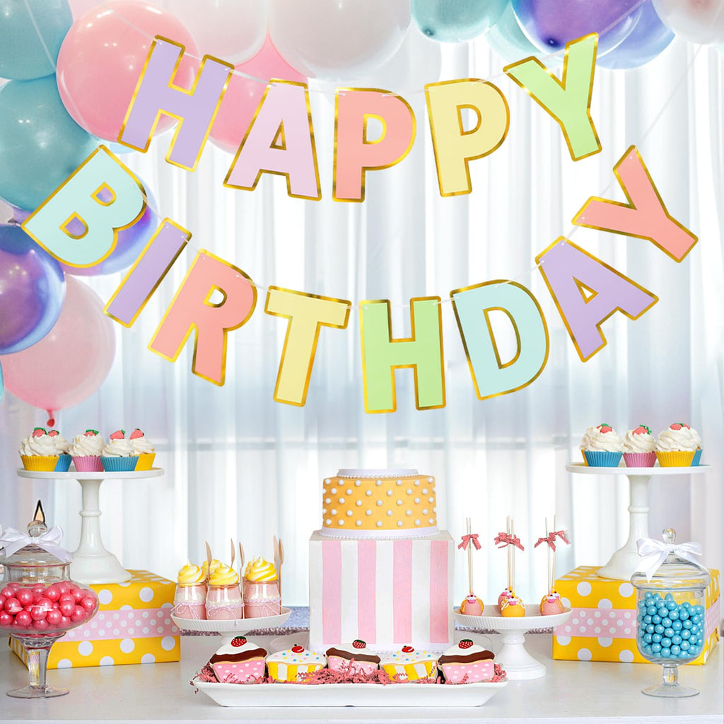 LITAUS Happy Birthday Banner & Sign – 9ft Pre-Strung, Pastel Decor with Gold Foil Edges