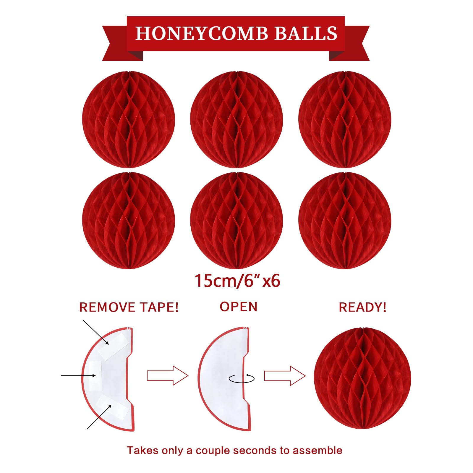 LITAUS Red Birthday Decorations Kit – 16-Piece Set with Pre-Strung Banner, Honeycomb Balls, Garland & Swirls