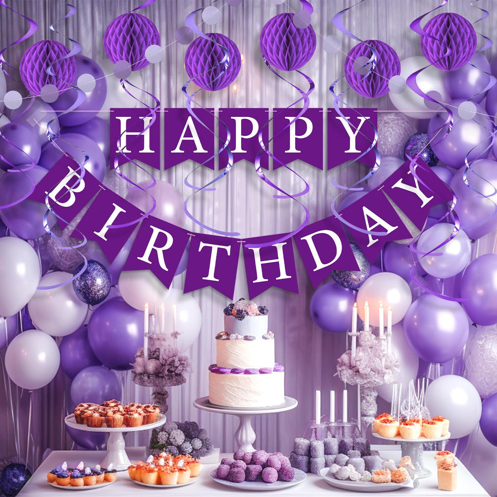 LITAUS Purple Birthday Decorations Kit - 16-Piece Set with Pre-Strung Banner, Honeycomb Balls, Garland & Swirls