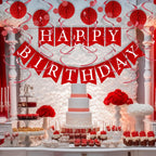 LITAUS Red Birthday Decorations Kit – 16-Piece Set with Pre-Strung Banner, Honeycomb Balls, Garland & Swirls
