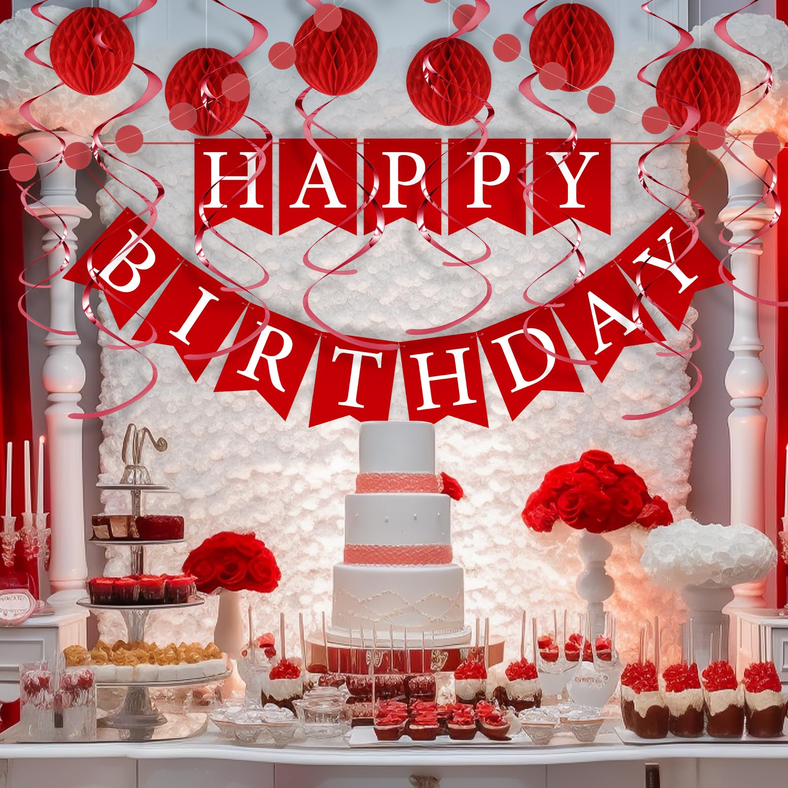 LITAUS Red Birthday Decorations Kit – 16-Piece Set with Pre-Strung Banner, Honeycomb Balls, Garland & Swirls