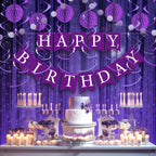 LITAUS Purple Birthday Decorations Kit - 16-Piece Set with Pre-Strung Banner, Honeycomb Balls, Garland & Swirls