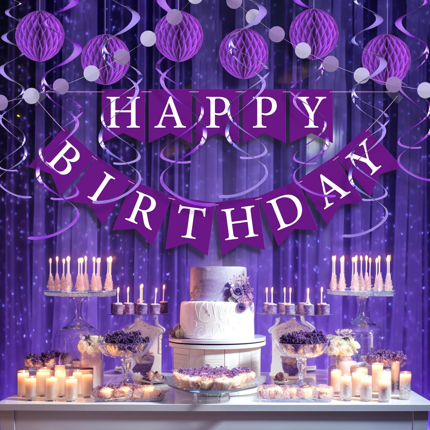 LITAUS Purple Birthday Decorations Kit - 16-Piece Set with Pre-Strung Banner, Honeycomb Balls, Garland & Swirls