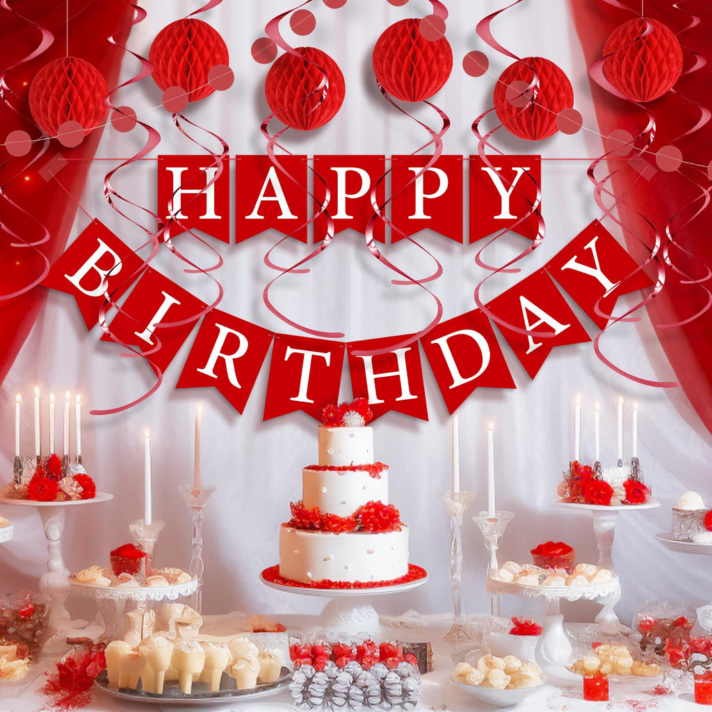 LITAUS Red Birthday Decorations Kit – 16-Piece Set with Pre-Strung Banner, Honeycomb Balls, Garland & Swirls
