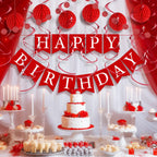 LITAUS Red Birthday Decorations Kit – 16-Piece Set with Pre-Strung Banner, Honeycomb Balls, Garland & Swirls