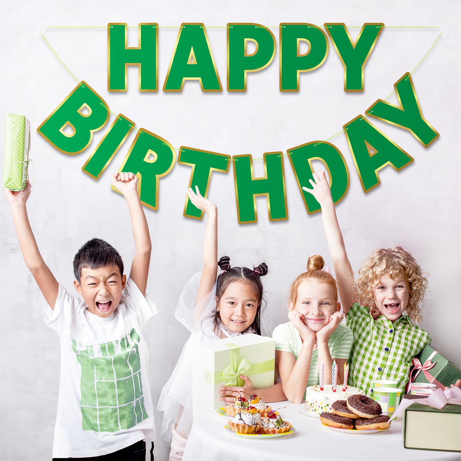 LITAUS Happy Birthday Banner 9ft Green – Pre-Strung Backdrop Sign for Parties