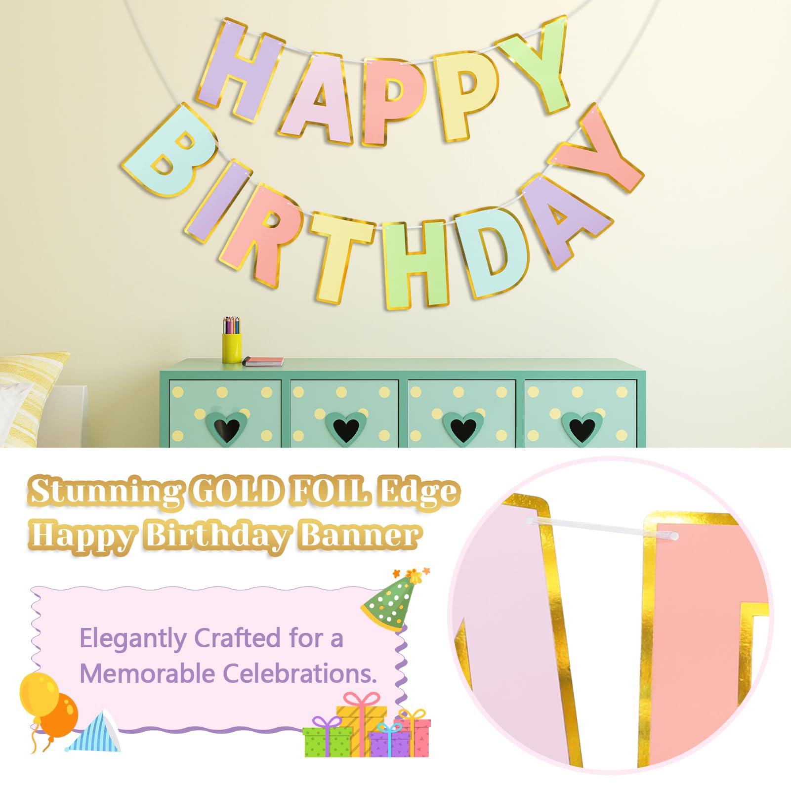 LITAUS Happy Birthday Banner & Sign – 9ft Pre-Strung, Pastel Decor with Gold Foil Edges