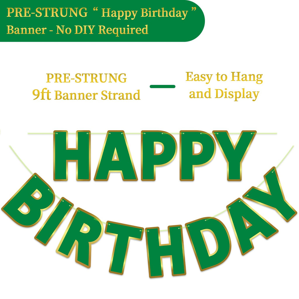 LITAUS Happy Birthday Banner 9ft Green – Pre-Strung Backdrop Sign for Parties
