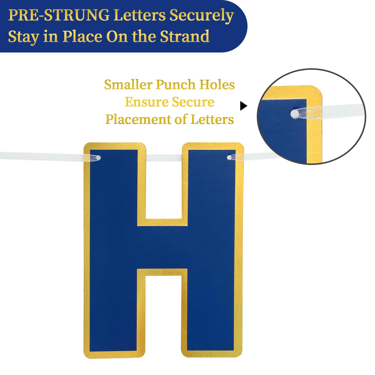 LITAUS Happy Birthday Banner 9ft Navy Blue – Pre-Strung, Gold Foil Edges, Ready to Hang