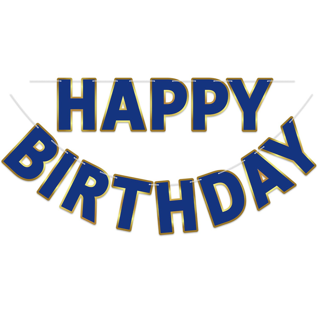 LITAUS Happy Birthday Banner 9ft Navy Blue – Pre-Strung, Gold Foil Edges, Ready to Hang