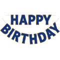 LITAUS Happy Birthday Banner 9ft Navy Blue – Pre-Strung, Gold Foil Edges, Ready to Hang