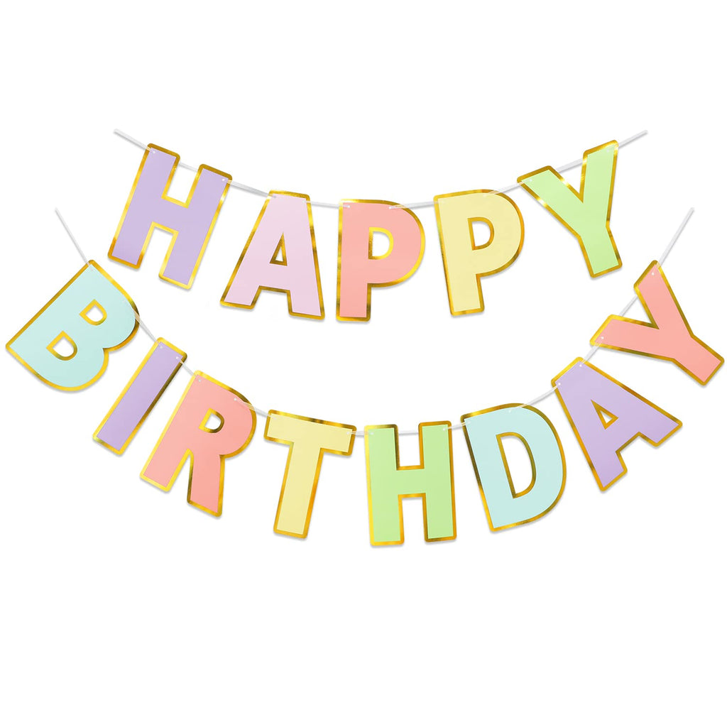 LITAUS Happy Birthday Banner & Sign – 9ft Pre-Strung, Pastel Decor with Gold Foil Edges