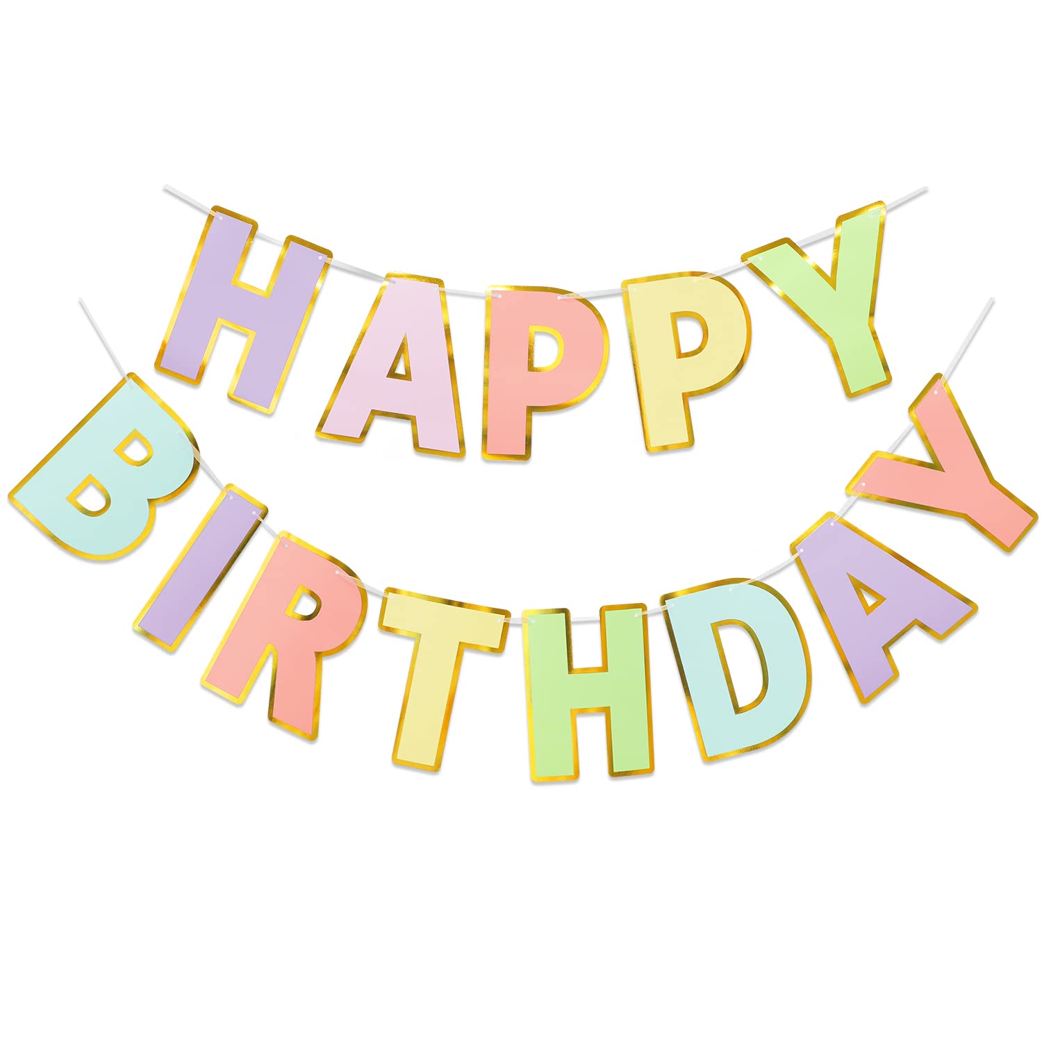 LITAUS Happy Birthday Banner & Sign – 9ft Pre-Strung, Pastel Decor with Gold Foil Edges