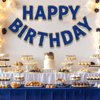 LITAUS Happy Birthday Banner 9ft Navy Blue – Pre-Strung, Gold Foil Edges, Ready to Hang