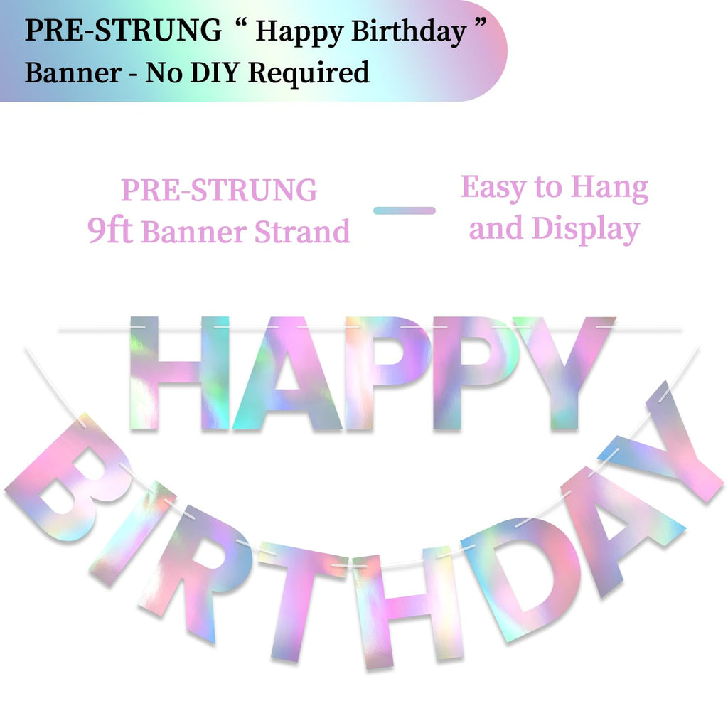 LITAUS Happy Birthday Banner 9ft Iridescent – Pre-Strung Party Decor