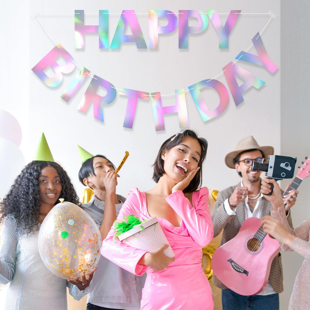 LITAUS Happy Birthday Banner 9ft Iridescent – Pre-Strung Party Decor