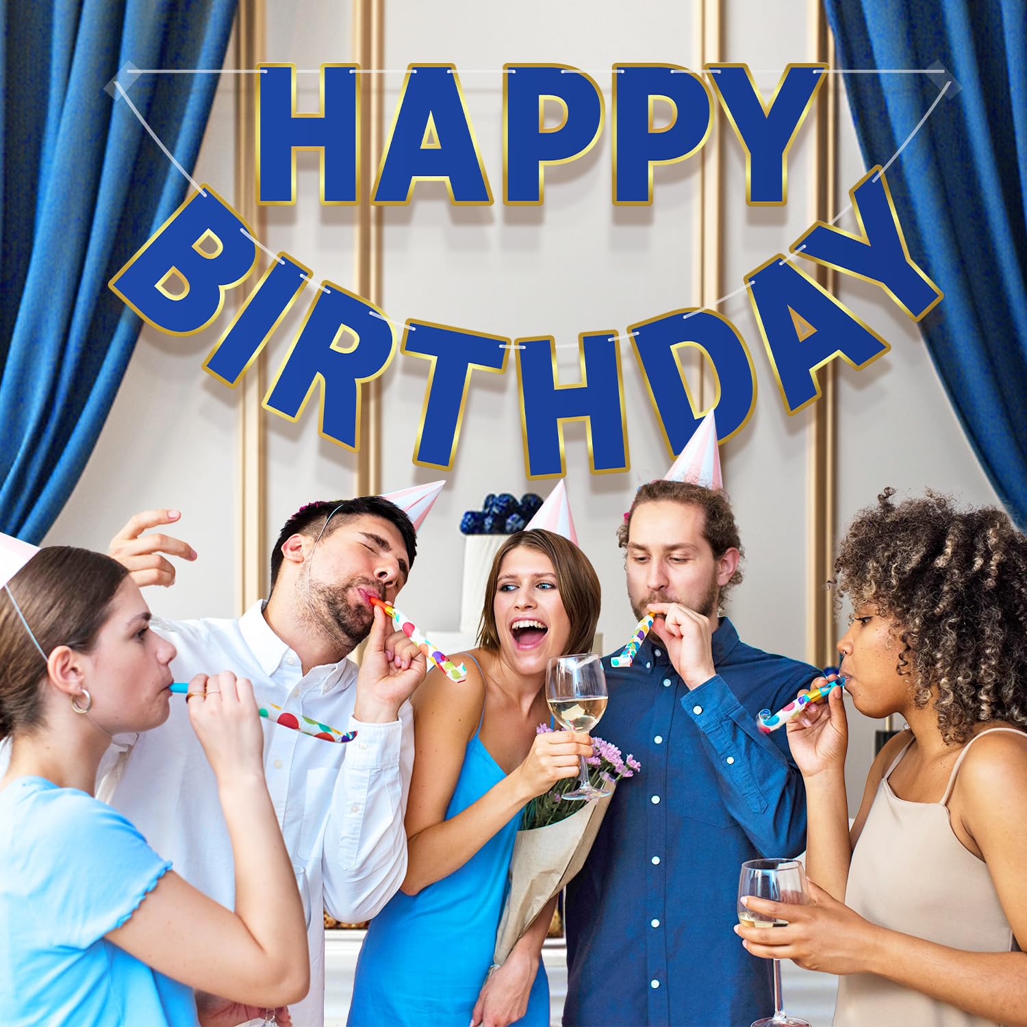 LITAUS Happy Birthday Banner 9ft Navy Blue – Pre-Strung, Gold Foil Edges, Ready to Hang