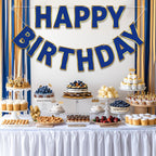 LITAUS Happy Birthday Banner 9ft Navy Blue – Pre-Strung, Gold Foil Edges, Ready to Hang