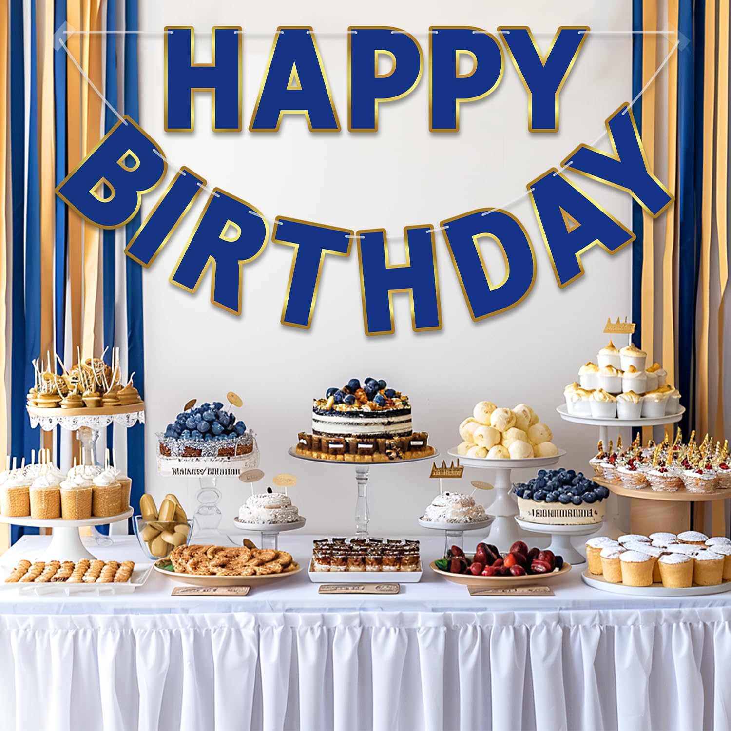 LITAUS Happy Birthday Banner 9ft Navy Blue – Pre-Strung, Gold Foil Edges, Ready to Hang