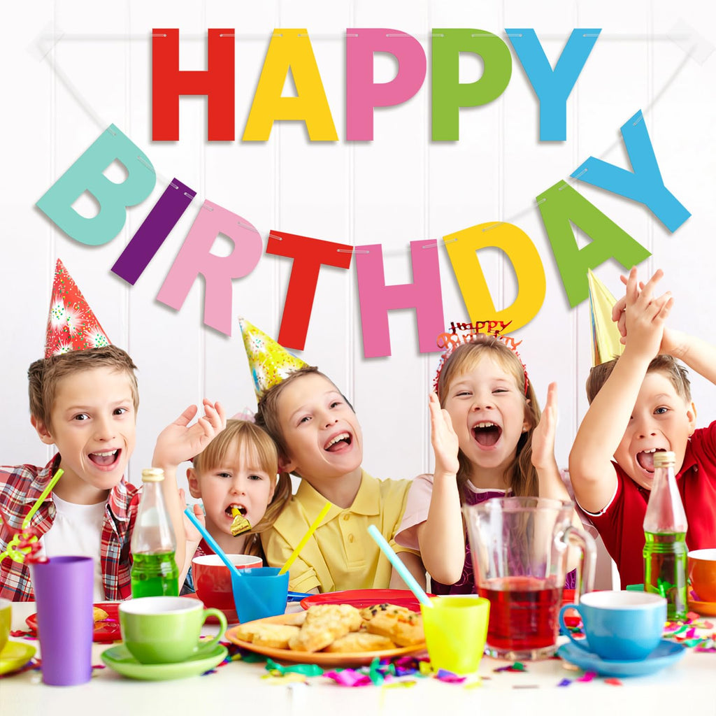 LITAUS Happy Birthday Banner 9ft - Pre-Strung Colorful Backdrop for Parties