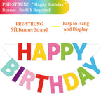 LITAUS Happy Birthday Banner 9ft - Pre-Strung Colorful Backdrop for Parties