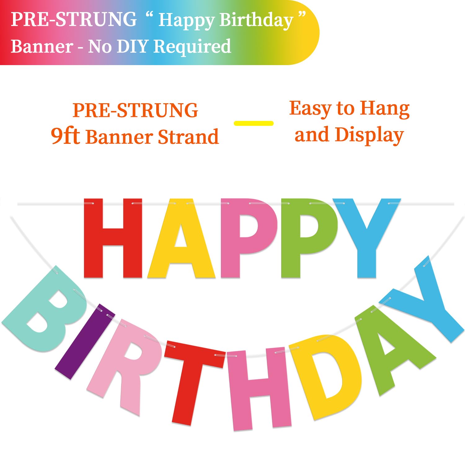 LITAUS Happy Birthday Banner 9ft - Pre-Strung Colorful Backdrop for Parties