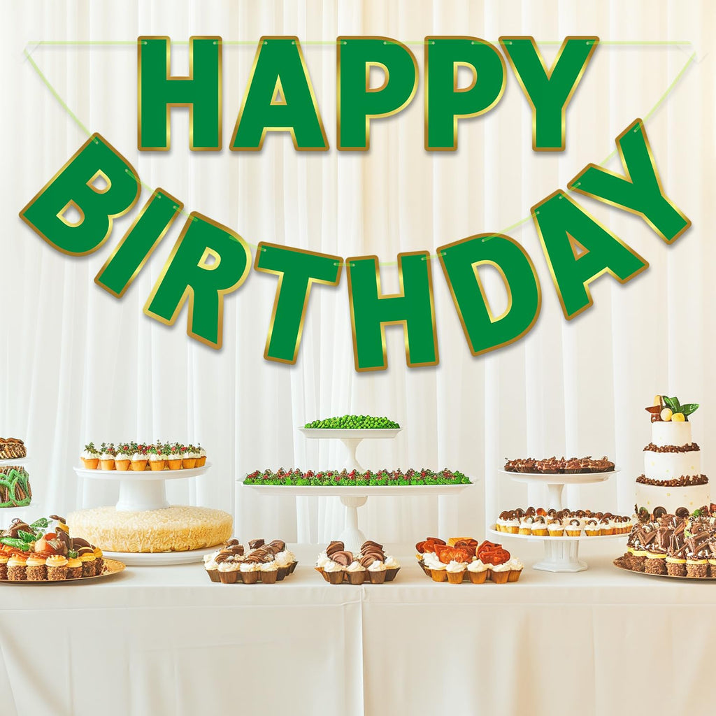 LITAUS Happy Birthday Banner 9ft Green – Pre-Strung Backdrop Sign for Parties