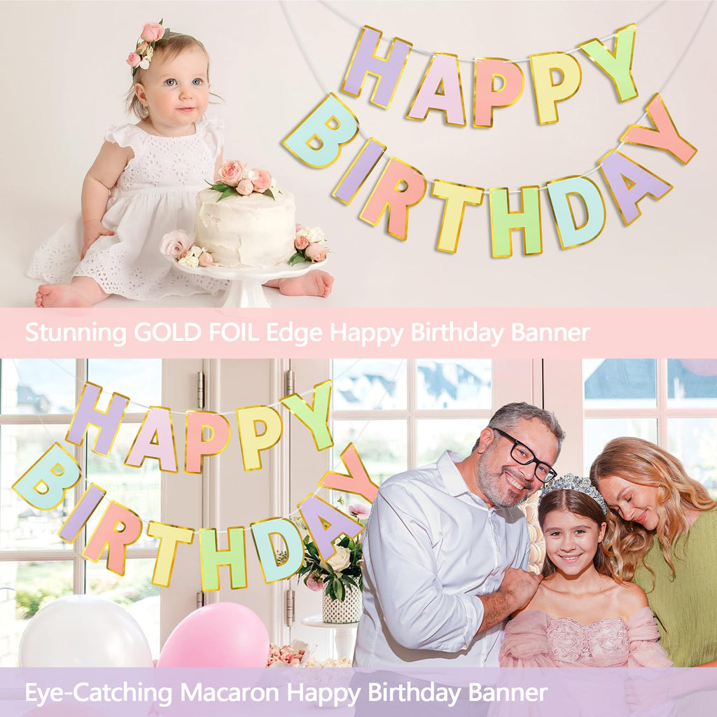 LITAUS Happy Birthday Banner & Sign – 9ft Pre-Strung, Pastel Decor with Gold Foil Edges