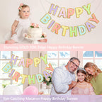LITAUS Happy Birthday Banner & Sign – 9ft Pre-Strung, Pastel Decor with Gold Foil Edges