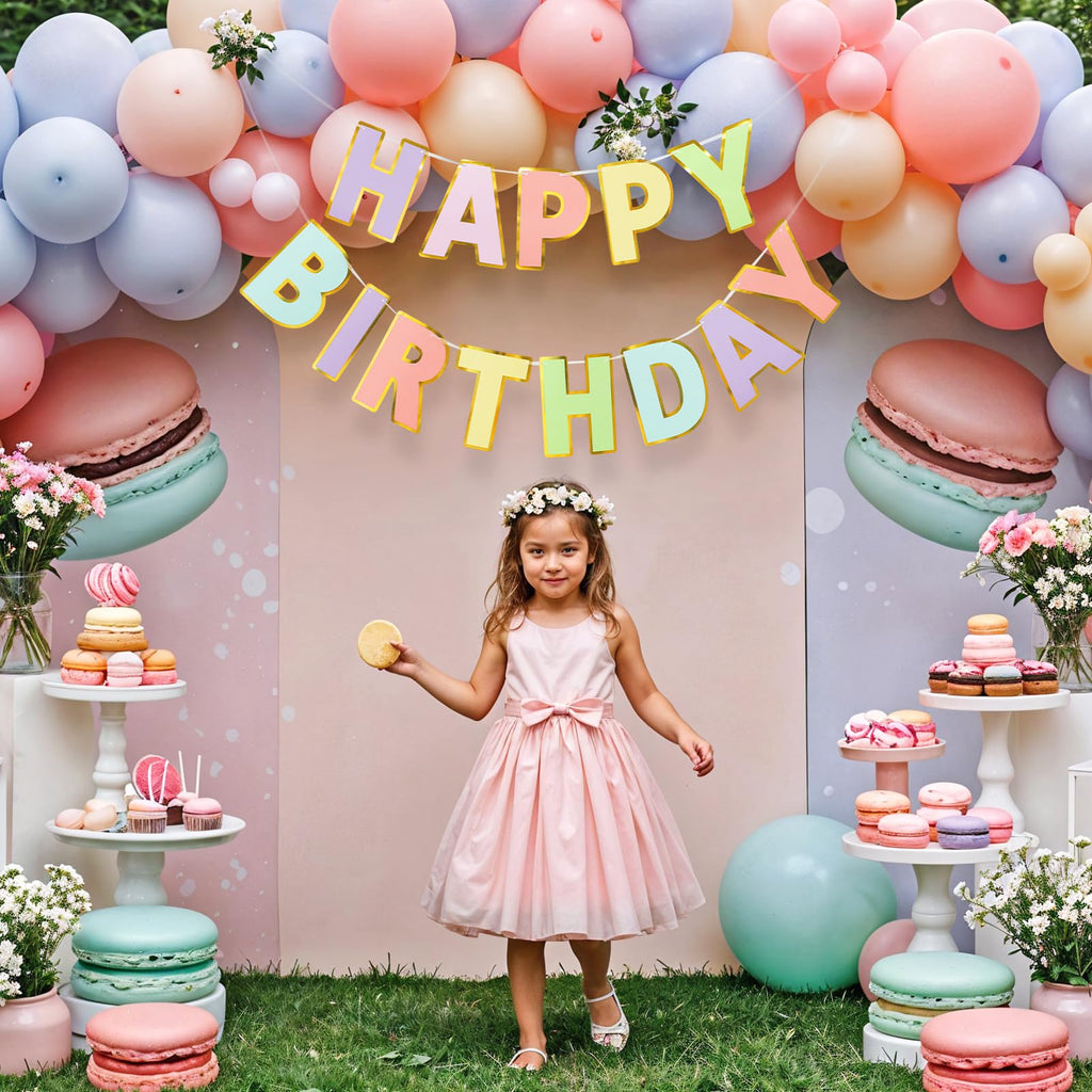 LITAUS Happy Birthday Banner & Sign – 9ft Pre-Strung, Pastel Decor with Gold Foil Edges