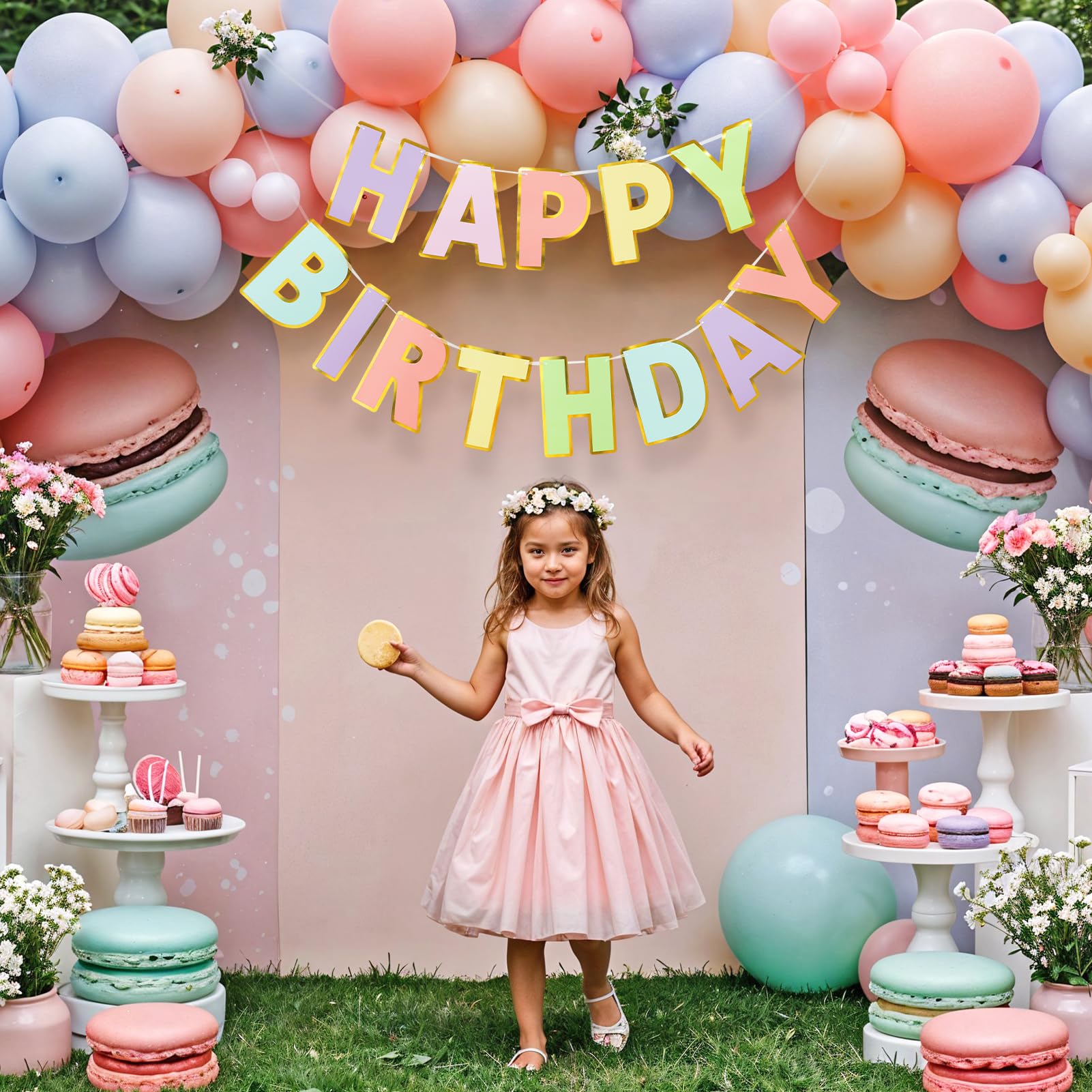 LITAUS Happy Birthday Banner & Sign – 9ft Pre-Strung, Pastel Decor with Gold Foil Edges