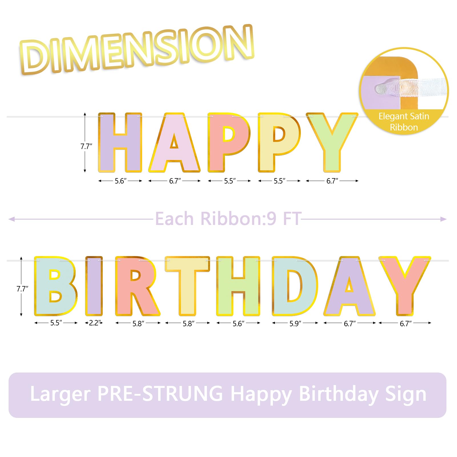 LITAUS Happy Birthday Banner & Sign – 9ft Pre-Strung, Pastel Decor with Gold Foil Edges