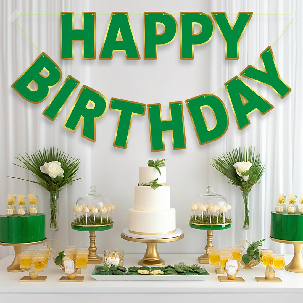 LITAUS Happy Birthday Banner 9ft Green – Pre-Strung Backdrop Sign for Parties